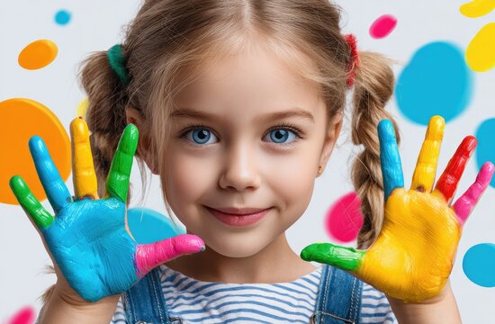 a cute little girl with paint on her hands, smiling and showing them to the camera against a white background with colorful splashes of color.