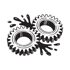 Two interlocking gears with splashing liquid