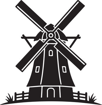 black silhouette of windmill on white background, vector