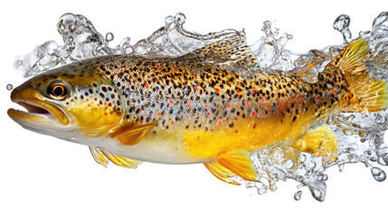 Close up detailed view of fresh trout diving into dynamic splash of oil creating vivid motion effect for culinary visual design

