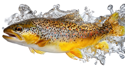 Close up detailed view of fresh trout diving into dynamic splash of oil creating vivid motion effect for culinary visual design
