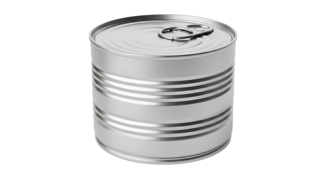 A close up shot of a silver metal food can with a pull tab on top on a black isolated background