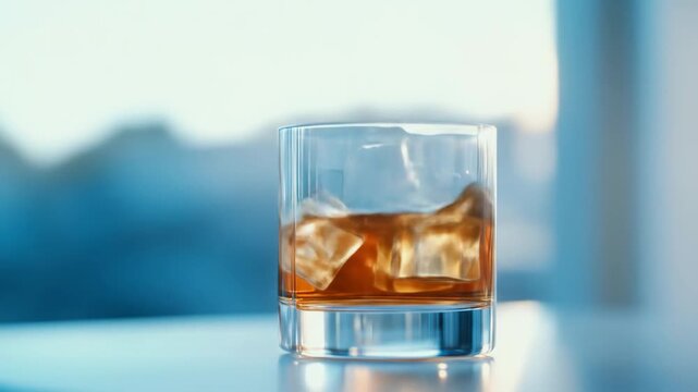 Whiskey glass with ice cubes on table with blurred background