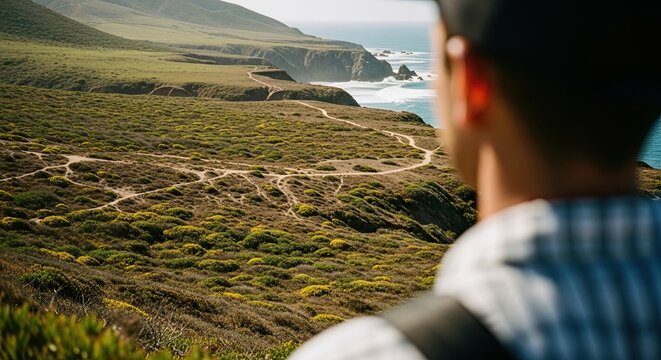 A person with a backpack enjoys the scenic view of a rugged coastline with rolling green hills, a winding hiking path, and the blue ocean on a bright day - Powered by Adobe