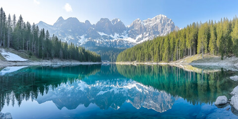 Calm, crystal-clear lake with shallow rocks beneath the transparent water, surrounded by dense pine forests and distant mountains under a bright blue sky.
