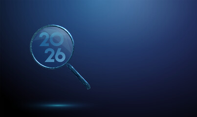 Happy 2026 New Year greeting card with magnifying glass. Search, analysis, discovery, research, focus, investigation, insight, knowledge exploration concept.