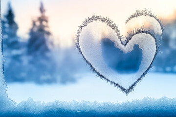 Fototapeta premium Romantic frosted heart shape on a cold winter window with soft morning sunlight glowing through the blurry snowy landscape in the background.