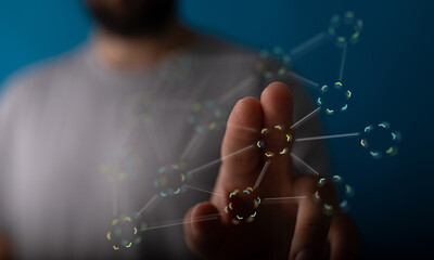 Person interacting with network. Concept of digital transformation, innovation and connection. Futuristic backg