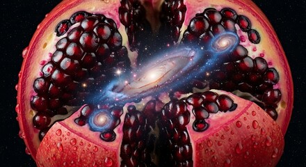 Surreal pomegranate revealing cosmic galaxy interior with glowing ruby seeds and stars 