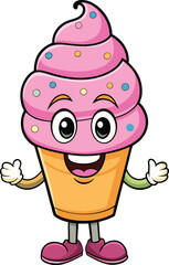 Adorable and happy cartoon ice cream cone illustration with pink swirls and a friendly face
