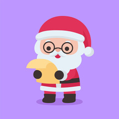 Santa Claus Wearing Glasses Reading a Yellow Map on Purple Background