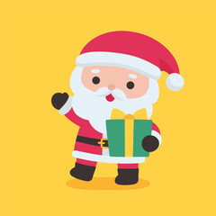 Cheerful Santa Claus Holding a Green Wrapped Gift on Yellow Background