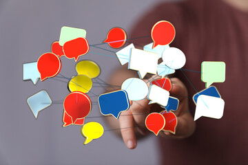 Concept connecting message icons. Illustrates digital interaction, social media impact, information sharing, and business networking for modern
