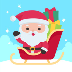 Hand draw of  Cute Santa Claus Riding a Red Sleigh Filled with Colorful Christmas Gifts