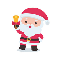 Cute Santa Claus Ringing a Golden Christmas Bell on White Background