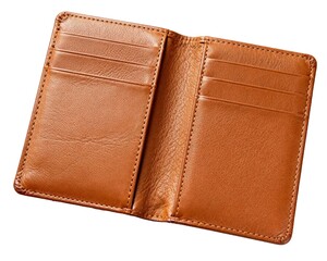 Open brown leather wallet with multiple card slots visible on a white background in a studio shot