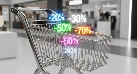Don't miss out! Shopping cart with holographic discounts for 2026 in a modern store, grab the best deals this year and save big on holiday sales!