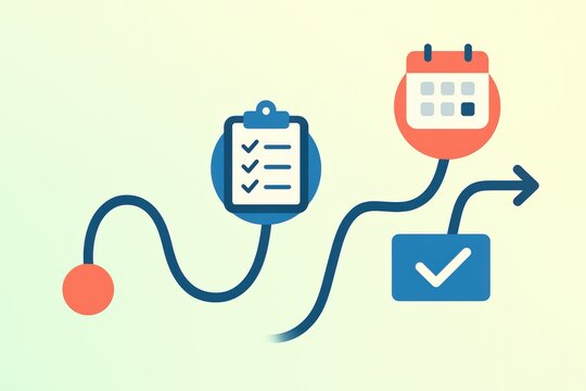 Streamlined workflow illustration featuring checklist, calendar, and success paths, enhancing productivity through organized planning and effective time management techniques