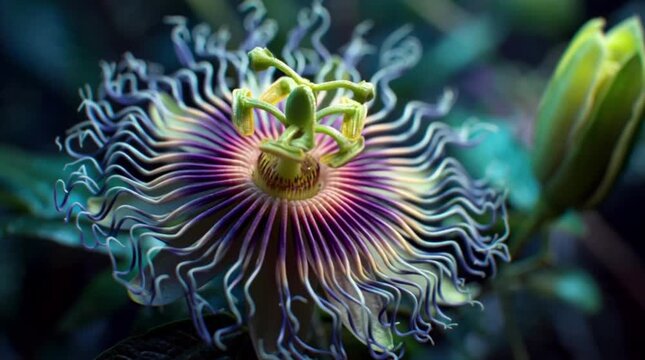 Cinematic macro timelapse of a passion flower bud opening into an intricate geometric bloom with stunning filament patterns. Ideal for artistic, botanical, and scientific visuals.