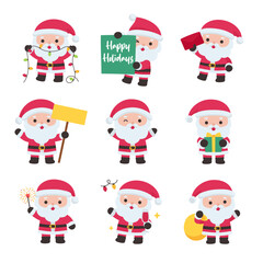 Santa Claus Holiday Collection Showing Cheerful Poses with Signs Gifts Sparkles