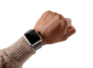 Close-up of a wristwatch on a hand, showing a modern digital device.  Tan sweater visible
