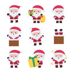 Cute Santa Claus Character Set in Various Holiday Actions with Gifts Chimney and Festive Icons