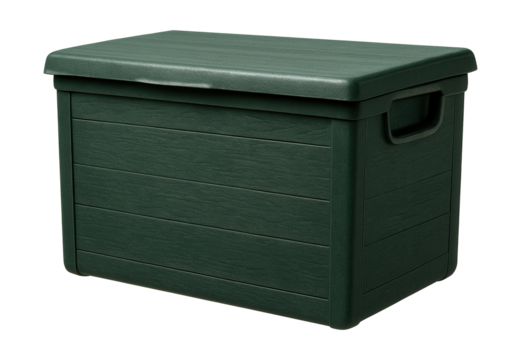 Waterproof resin storage box for keeping gardening tools organized in a greenhouse.