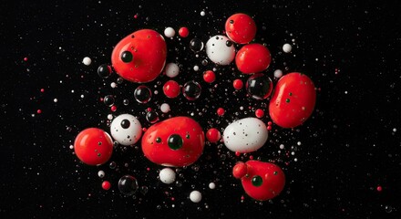 A dynamic abstract composition of glossy red, white, and black liquid spheres floating in a dark fluid, creating a vibrant pattern reminiscent of a microscopic or cosmic scene