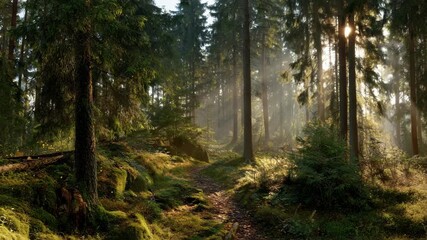 Sunlit forest trail through lush woodland with morning mist and green foliage - Powered by Adobe