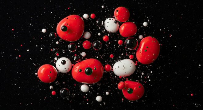 A dynamic abstract composition of glossy red, white, and black liquid spheres floating in a dark fluid, creating a vibrant pattern reminiscent of a microscopic or cosmic scene - Powered by Adobe