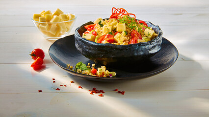 Bulgursalat mit Tomate und Kaese, orientalisch, vegetarisch, gesund, schwarzer Teller, 