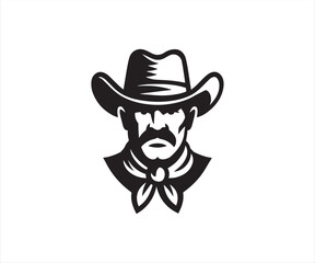 Vintage cowboy face with hat and mustache in bold black and white vector style