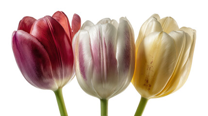 Vibrant tulips in three stunning colors captured in detailed close-up floral illustration, showcasing delicate petals and natural beauty isolated on white background
