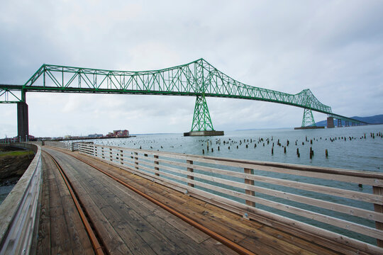 Astoria-Megler Bridge, a steel girder continuous truss bridge spanning the Columbia River between Astoria,Oregon and Point Ellice in Washington, trolley tram tracks.
