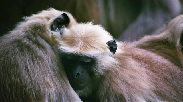 A young Gray Langur rests close to its troop, peeking out from the group with a calm, expressive gaze