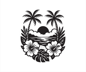 Tropical Sunset Silhouette with Palm Trees and Hibiscus Flowers – Beach Paradise Vector Illustration