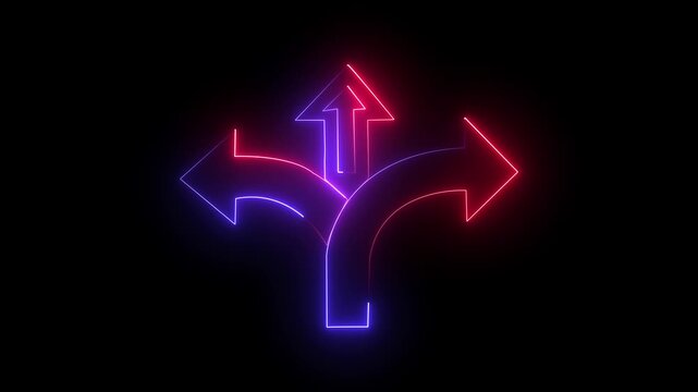 Glowing neon way direction arrow sign animation with three dynamic road traffic arrows, turn icons, and curved traffic control symbols on black background