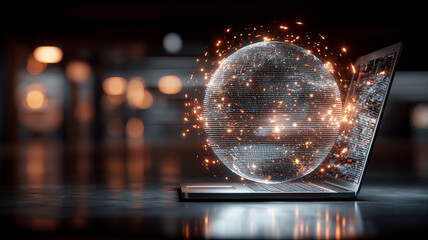 Global Data Exchange concept shown as a luminous digital sphere emerging from an open laptop, illustrating worldwide connectivity and online collaboration.
