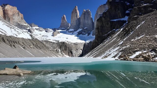 Torres del Paine, Chile: Tilt down footage of Base Torres del Paine showing the glacier lake, Paine massif and its three granite towers in Patagonia region of Chile