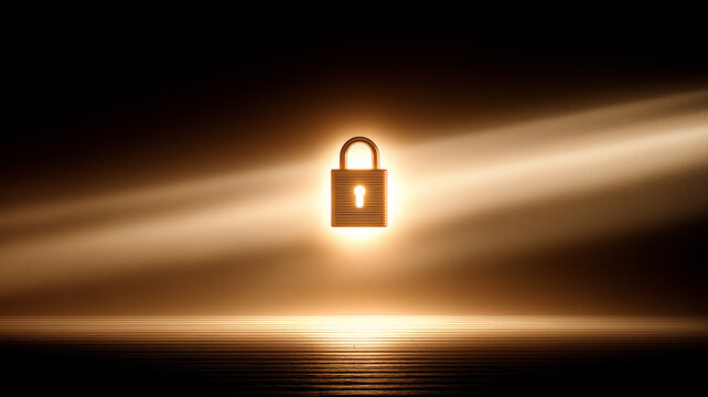 A secure padlock illuminated at center stage representing data protection, symbolizing strong access control, privacy management and trust in robust cybersecurity systems.
