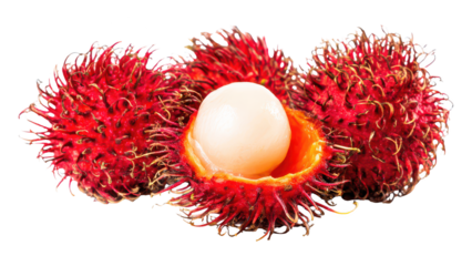 Fresh ripe tropical lychee fruits with spiny red shells and one peeled revealing juicy white flesh, isolated on a white background for healthy food