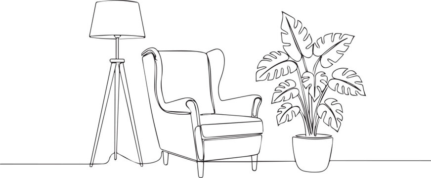 Line art of a comfortable armchair, floor lamp, and houseplant. Minimalist living room decor.