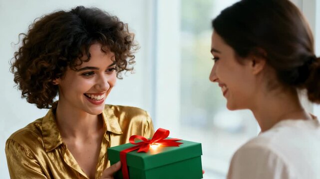 Happy woman giving a glowing gift to her friend. Two young women celebrating a special holiday or birthday. Friendship and generosity concept