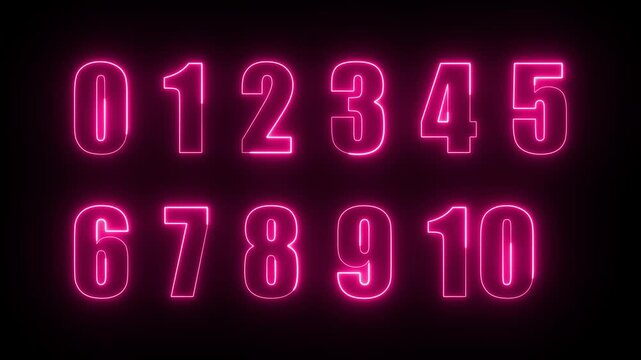 Neon glow 0 to 10 text number sign animation on black background, neon colorful 0 to 10 numbers animated