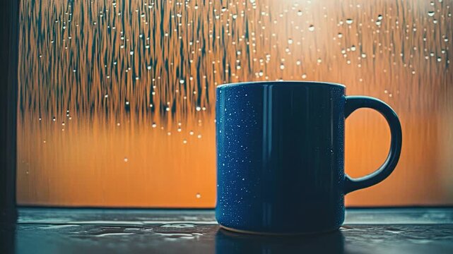 A blue coffee mug sits on a window sill, with a view of outdoors