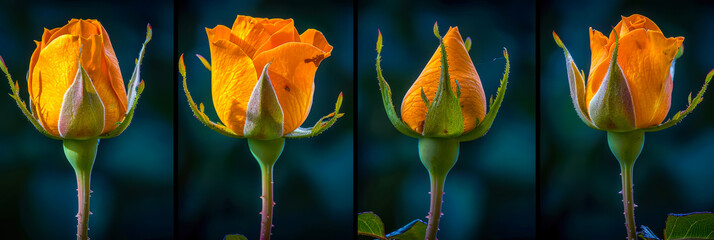 Transformation of a yellow rose from bud to full bloom in four stages captured during a sunny afternoon