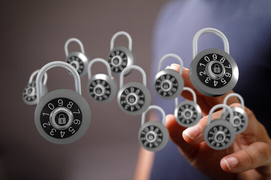 Conceptual image of digital security and data privacy represented by floating padlocks, safeguarding informatio