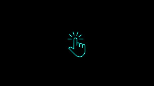 Glowing neon hand mouse cursor icon animation featuring a bright clicking finger accent and dynamic pointer action displayed against a deep black background