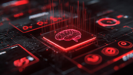 A glowing brain icon rising from a microchip to depict artificial intelligence, neural processing and the fusion of cognitive computing with advanced hardware.
