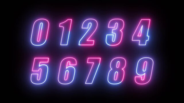 Neon glow 0 to 9 text number sign animation on black background, neon colorful 0 to 9 numbers animated
